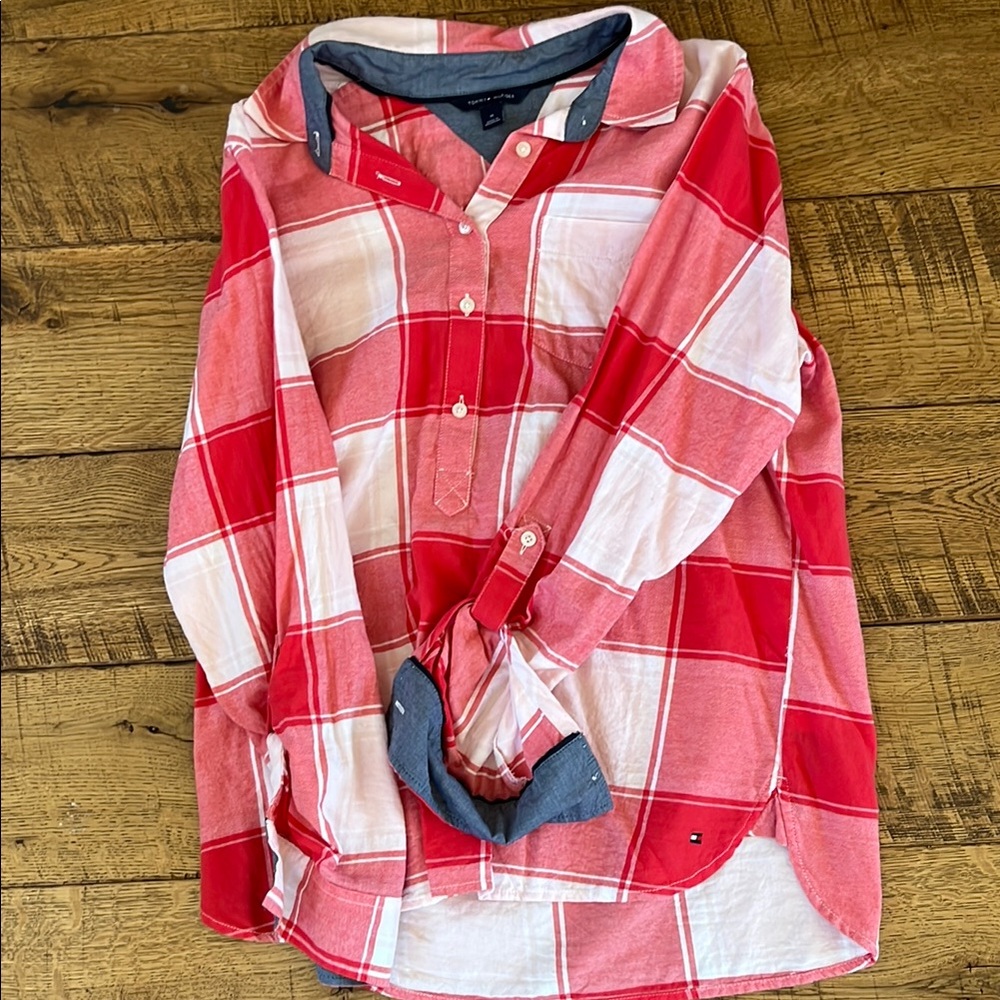 Tommy Hilfiger Red and White Plaid Button Down Shirt
